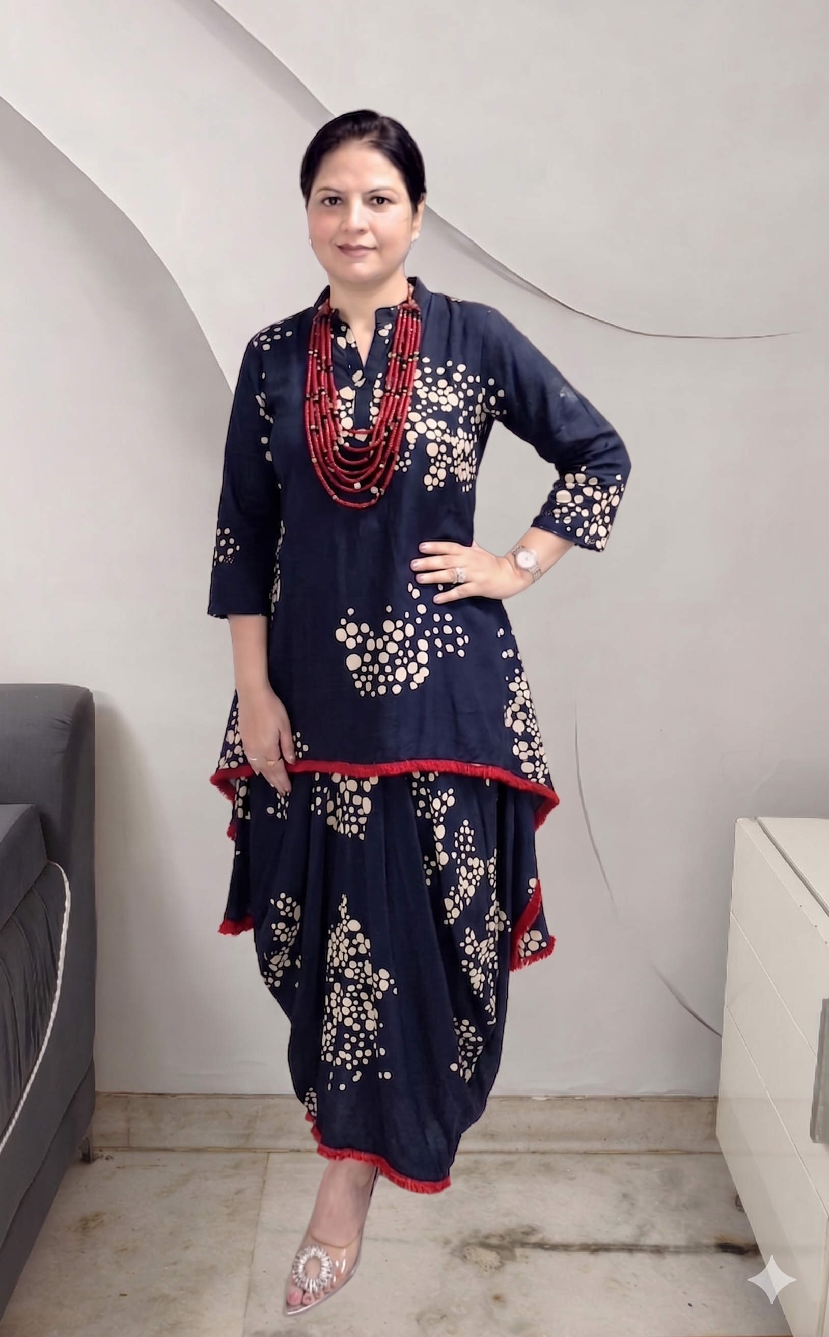 Premium Rayon 3-Piece Drape Skirt Set with Fringe Detailing & Neckpiece