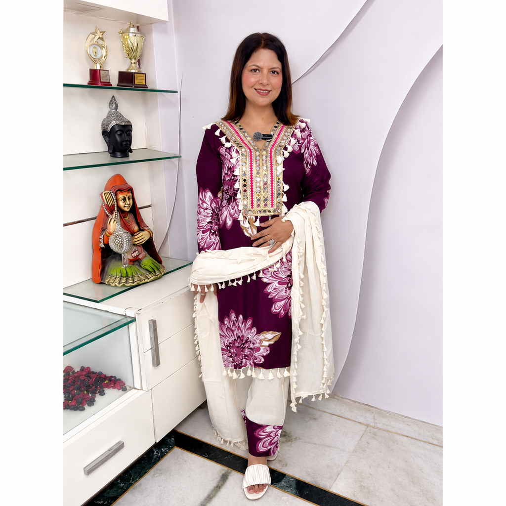 Premium Cotton Farshi Salwar Suit Set with Mirror & Tassel Work