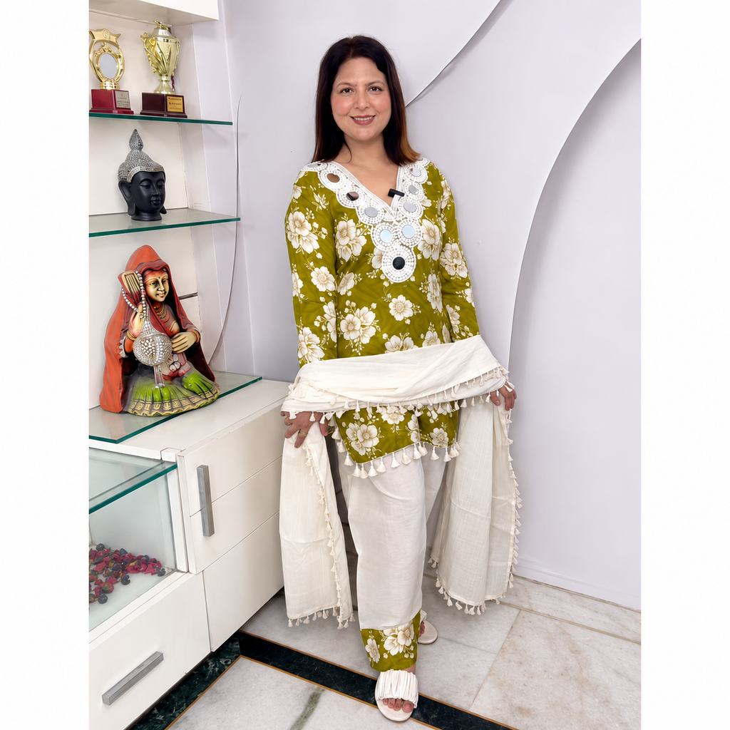 Premium Cotton Farshi Salwar Suit Set with Mirror & Pearl Work