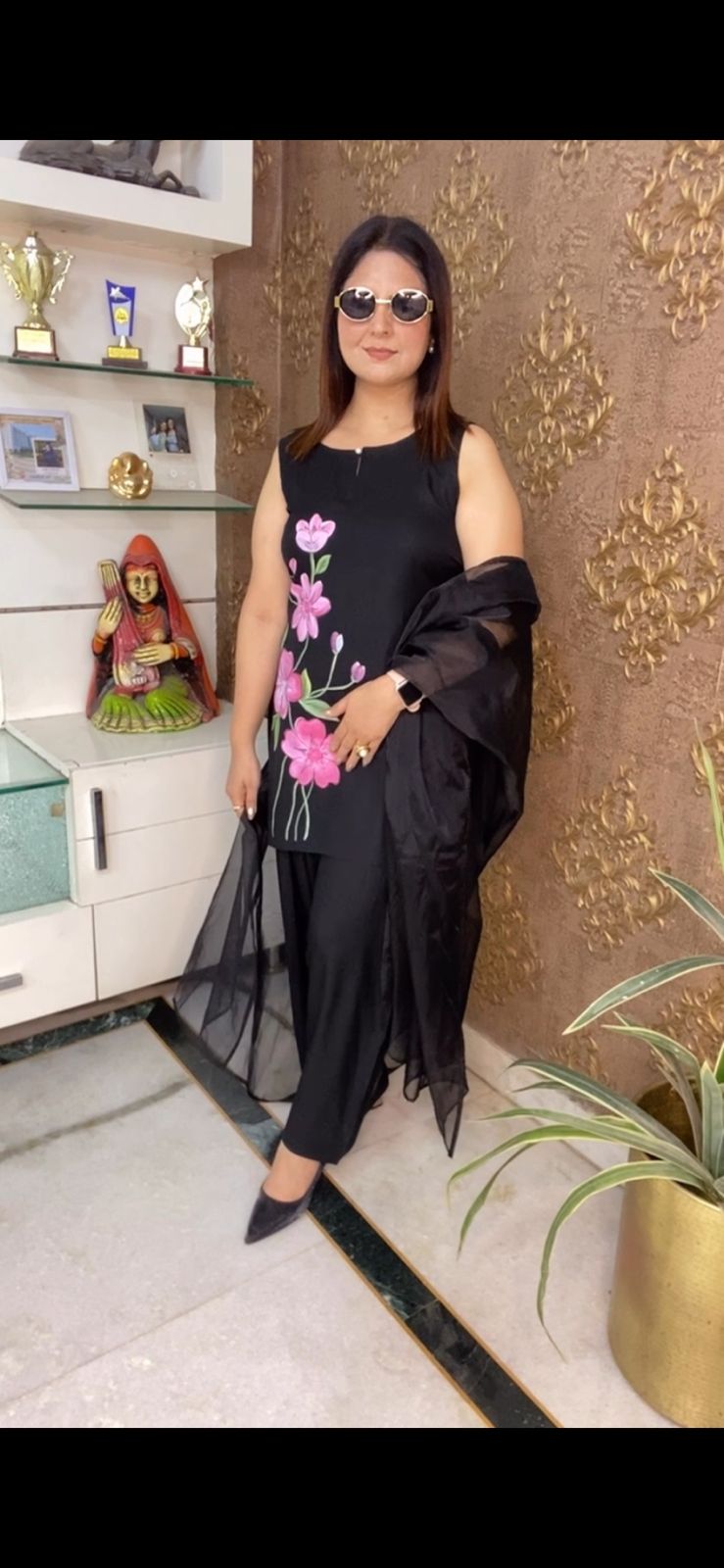 Black Hand Print Suit Set with Farshi Salwar & Soft Organza Dupatta