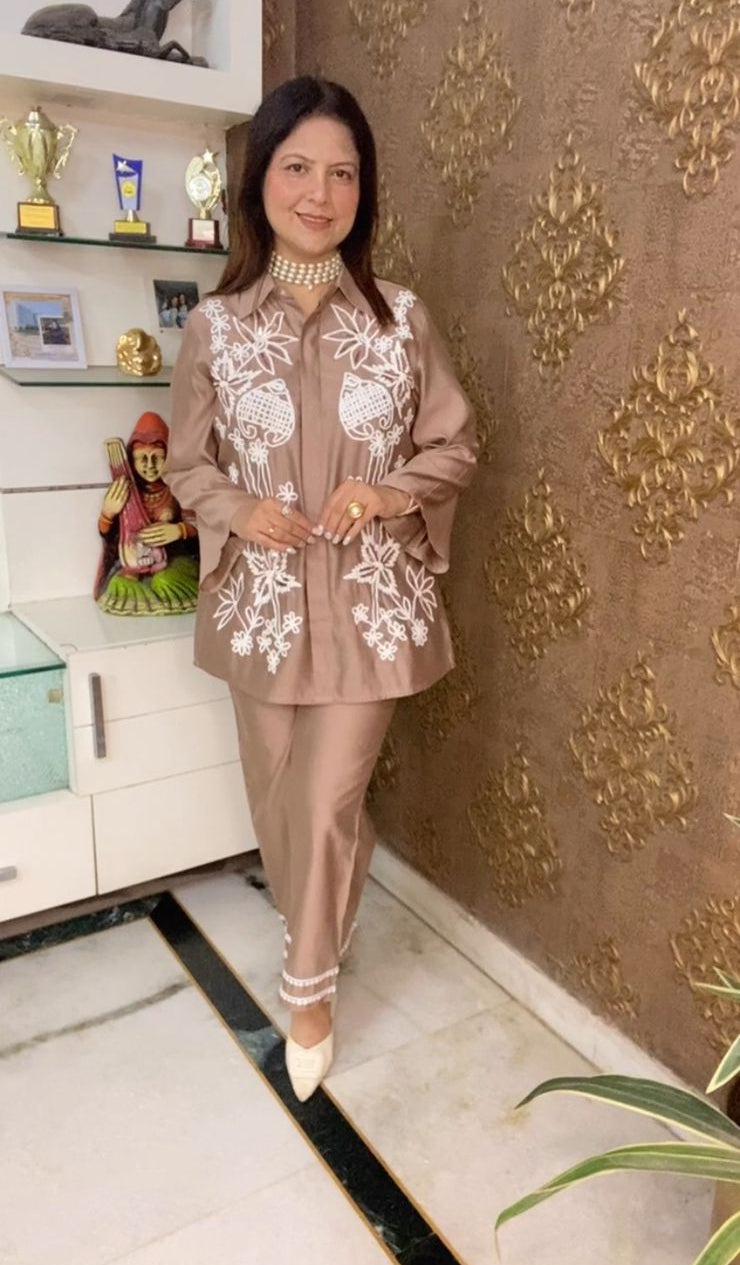 Stylish Brown Embroidered Co-ord Set with Pocket Bottom