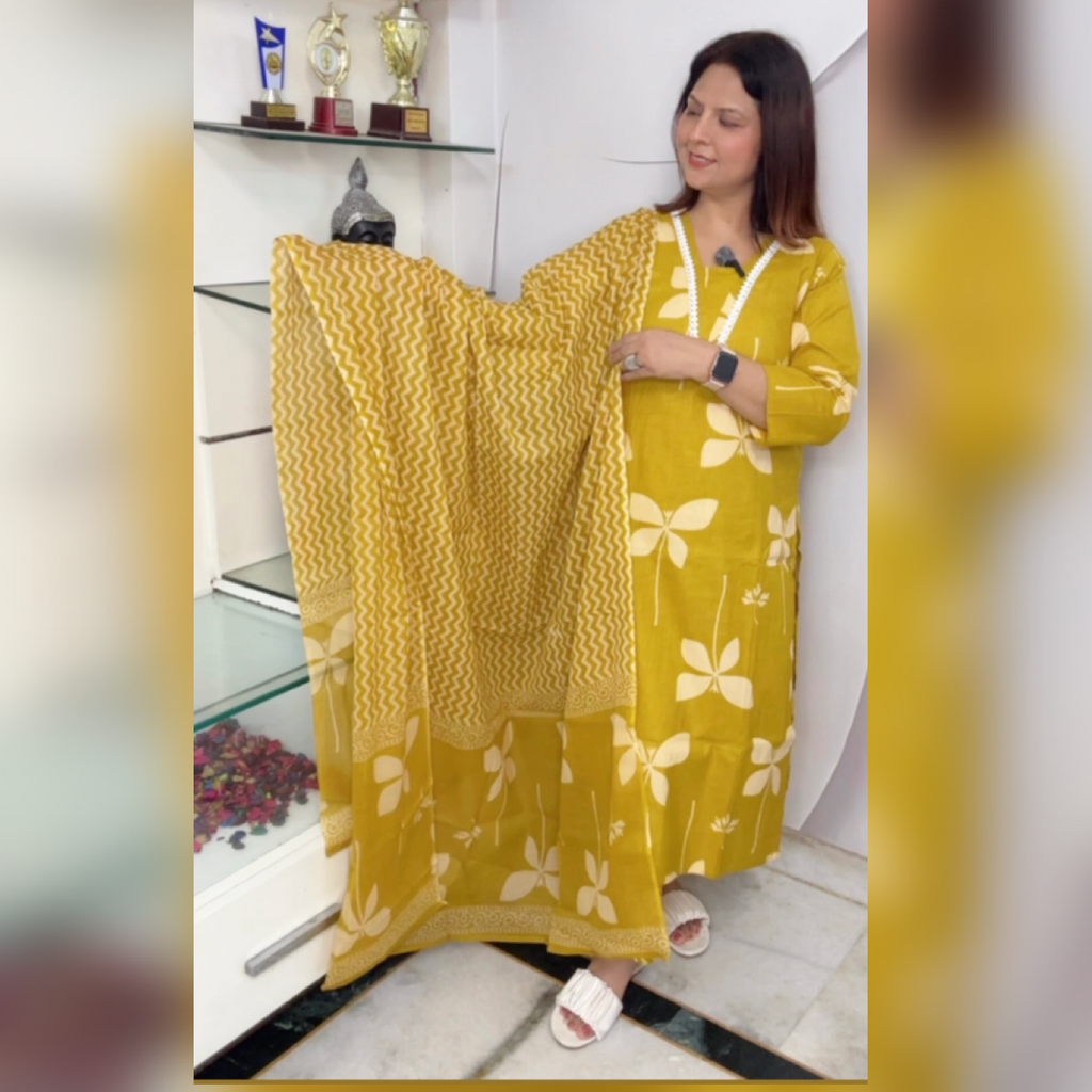 Cotton Printed Suit Set with Full-Length Dupatta