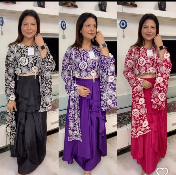 Designer Party Wear Drape Skirt Set with Embroidered Top & Elephant Sleeves