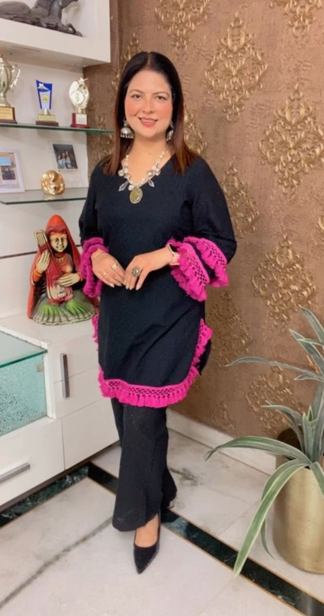 Elegant Pure Cotton Chikankari Co-ord Set with Tassel Detailing