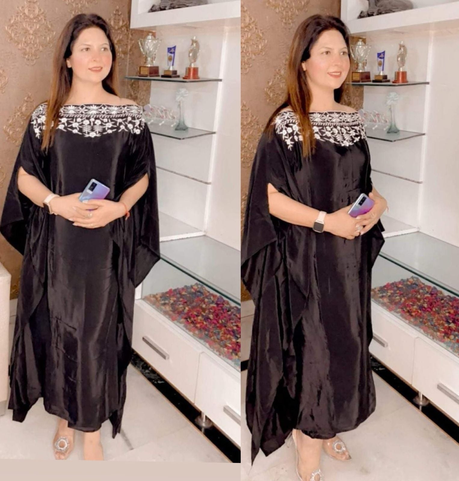 Elegant Party Wear Pure Crepe Off-Shoulder Dress Set with Embroidery