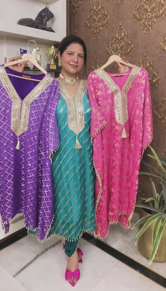 Elegant Party Wear Kaftaan Tulip Pant Set with Gota Mirror Work