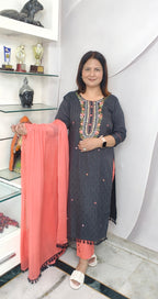 Elegant Embroidered Suit Set with Dupatta – Blackish Grey & Pink Combination