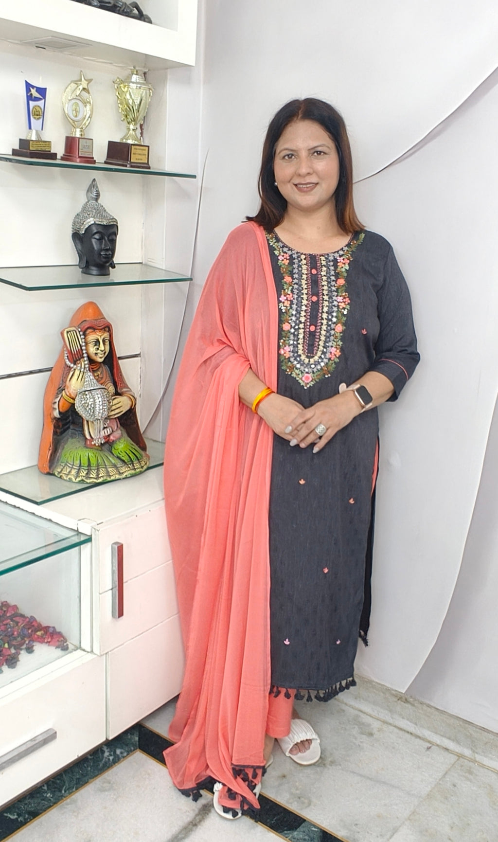 Elegant Embroidered Suit Set with Dupatta – Blackish Grey & Pink Combination
