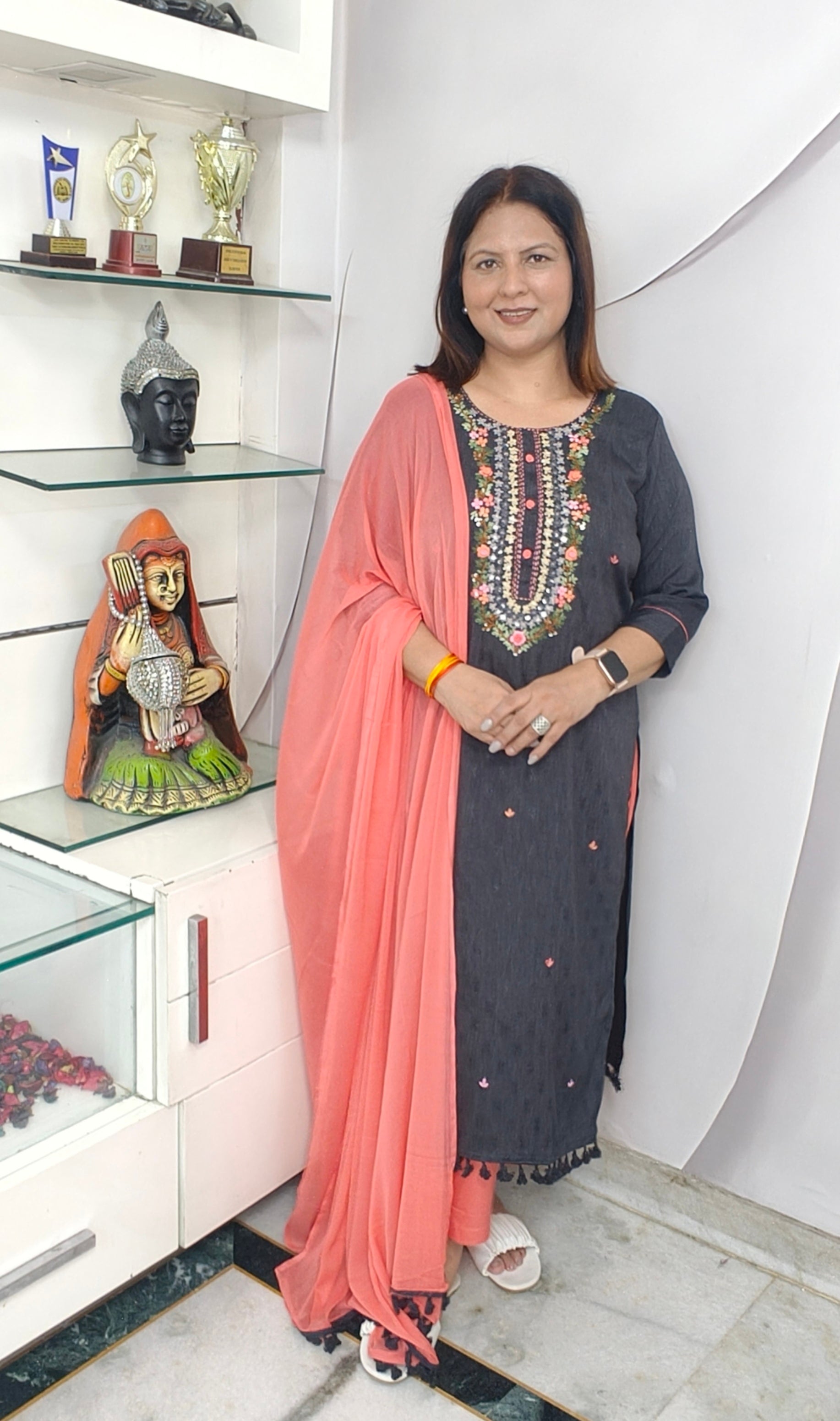 Elegant Embroidered Suit Set with Dupatta – Blackish Grey & Pink Combination