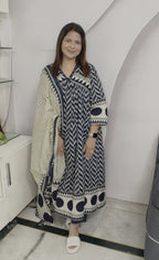 Elegant Blue Cotton Anarkali Suit Set with Matching Dupatta