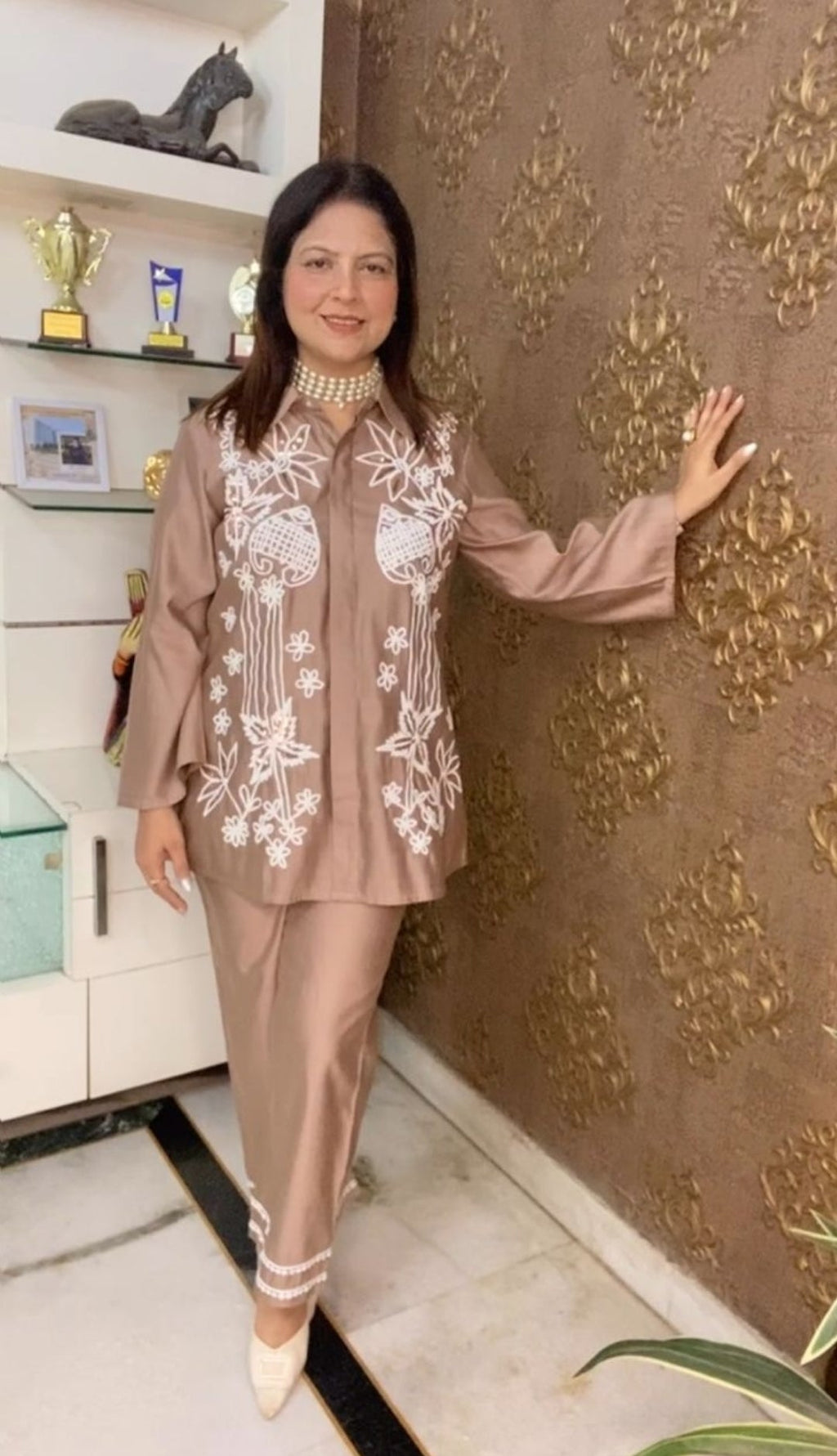 Stylish Brown Embroidered Co-ord Set with Pocket Bottom
