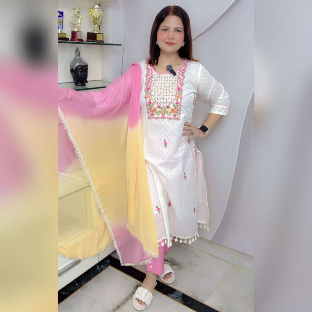 Premium Self Cotton Embroidered Suit Set with Full-Length Dupatta