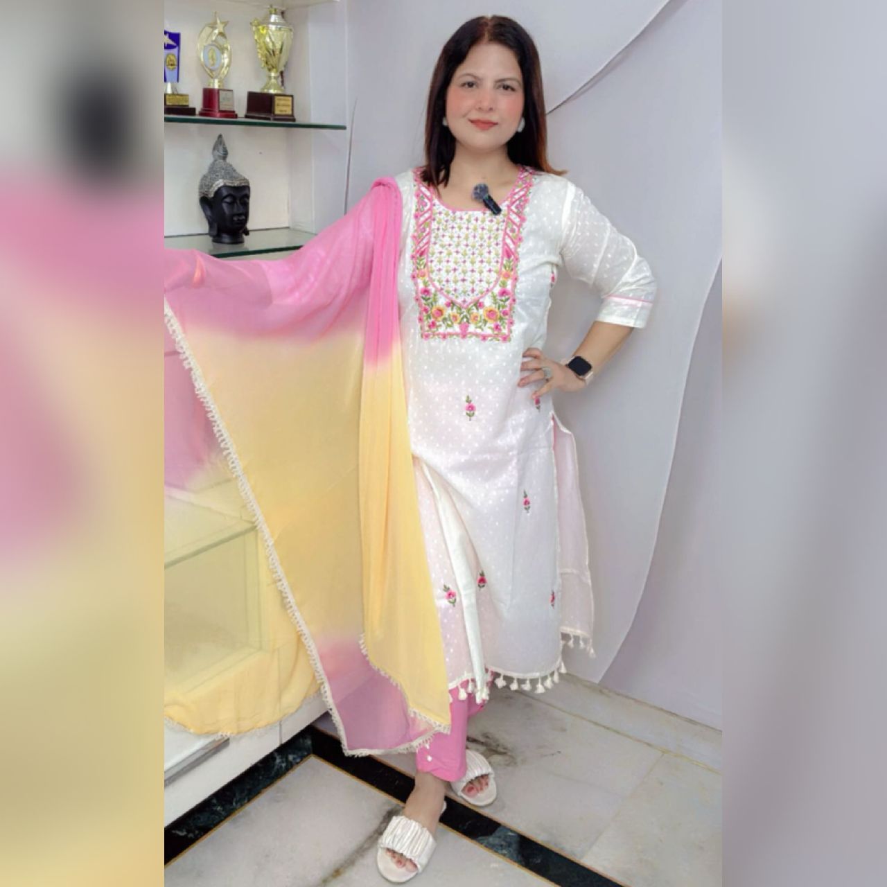 Premium Self Cotton Embroidered Suit Set with Full-Length Dupatta