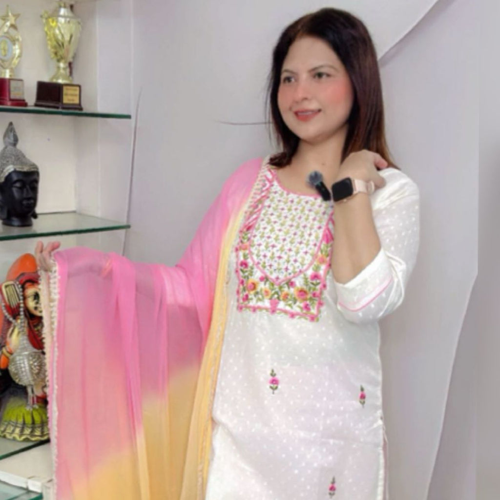Premium Self Cotton Embroidered Suit Set with Full-Length Dupatta